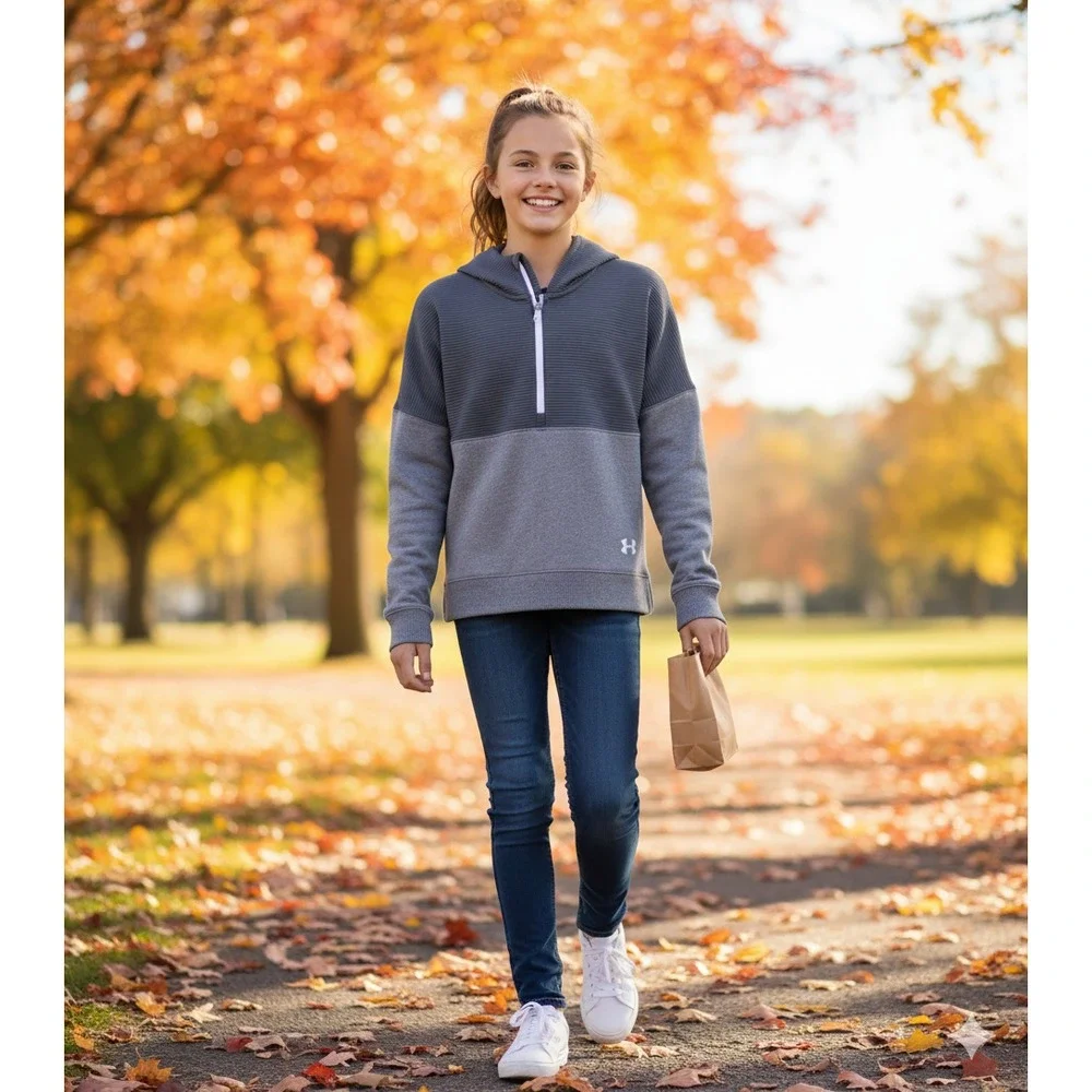 Girls Under Armour Threadborne Ridge Hoodie Two Tone Gray 1/2 Zip Pullover‎ YS